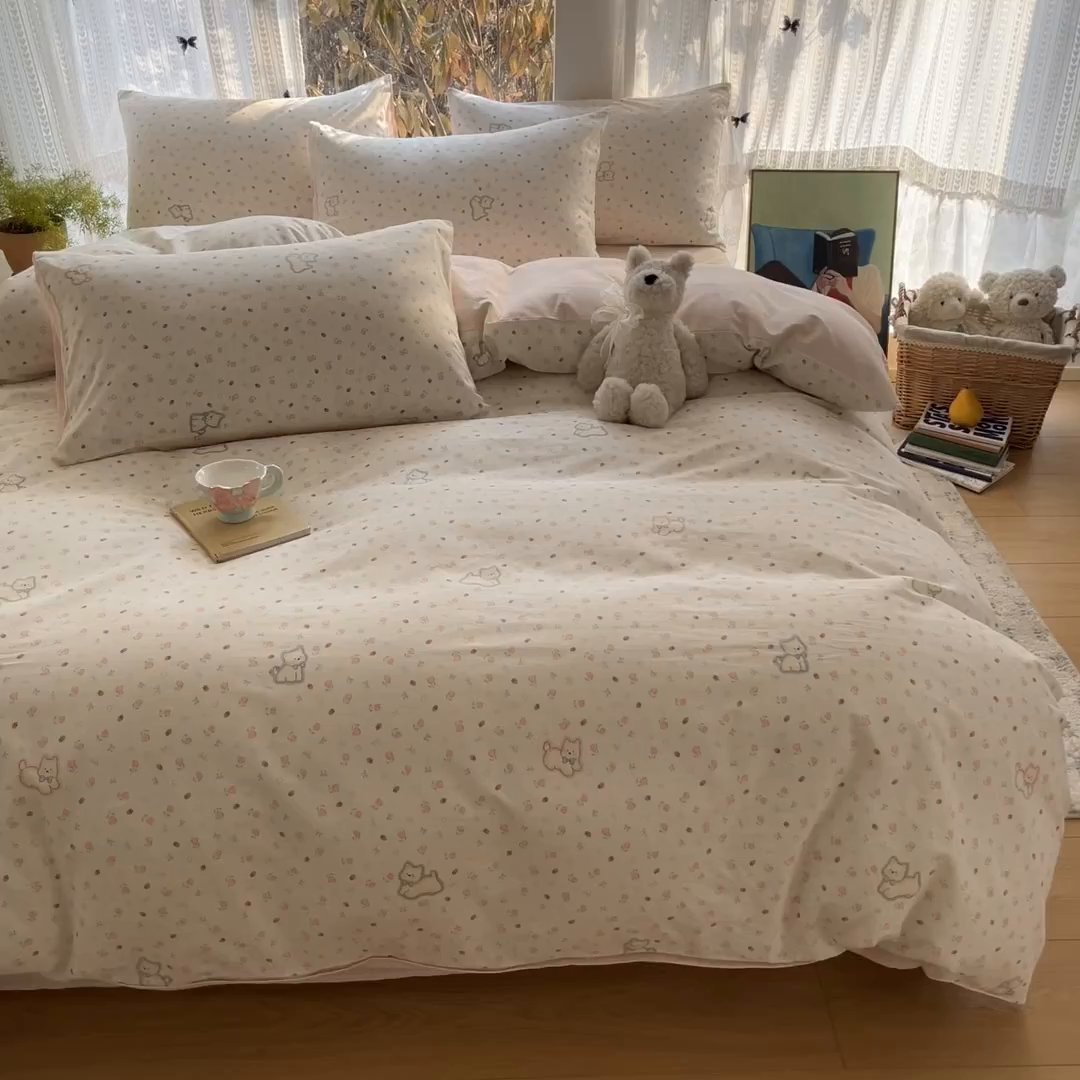 91家纺网 家纺一手货源 找家纺 吉象家纺 2026春夏新款全棉印花四件套第二批 玫瑰小狗