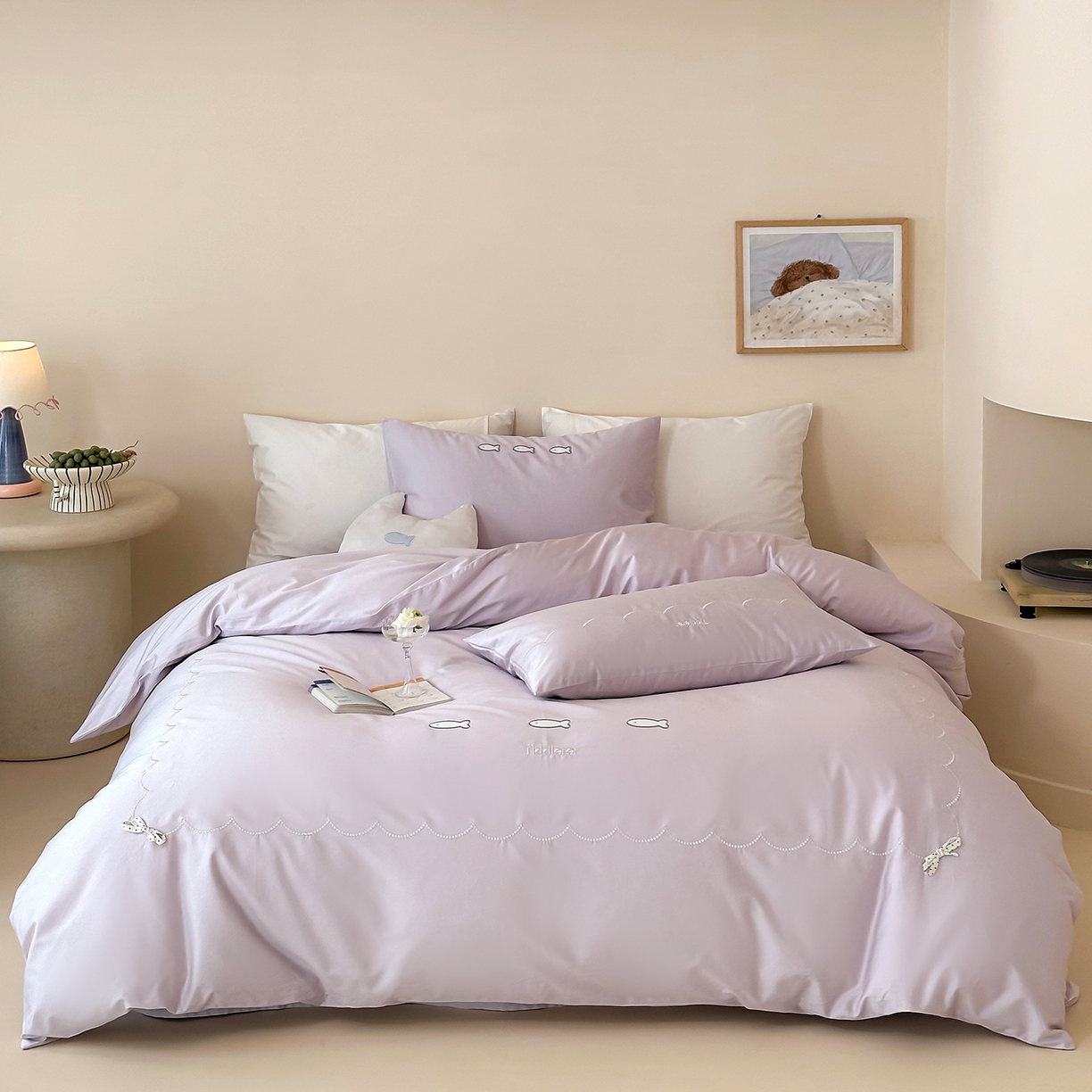 91家纺网 家纺一手货源 找家纺 （总）极简 2026新款100S长绒棉刺绣四件套-萌趣小鱼（小号控价258标准288加大308）