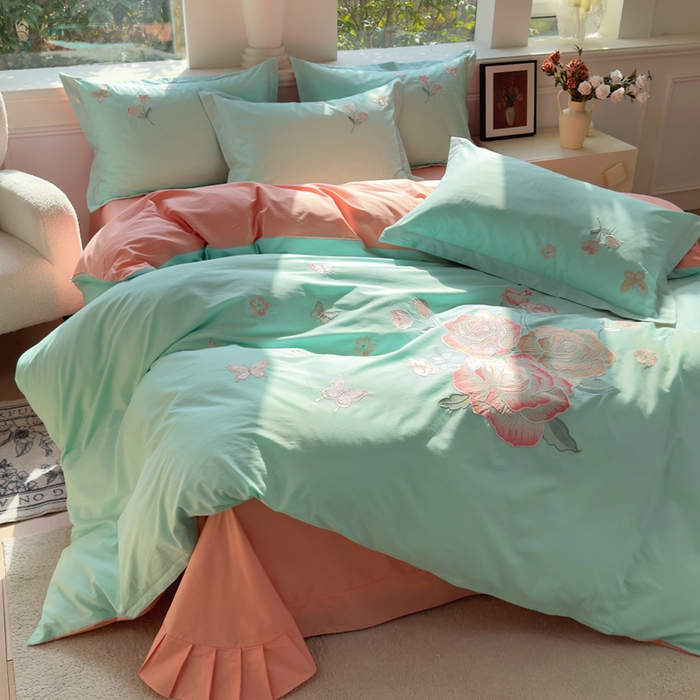 铭博家纺 2026新款13372新款100%全棉刺绣工艺款四件套-蝶舞玫瑰系列 蝶舞玫瑰-碧玉