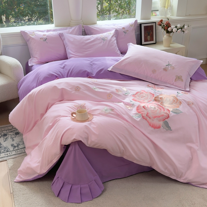 铭博家纺 2026新款13372新款100%全棉刺绣工艺款四件套-蝶舞玫瑰系列 蝶舞玫瑰-槿紫