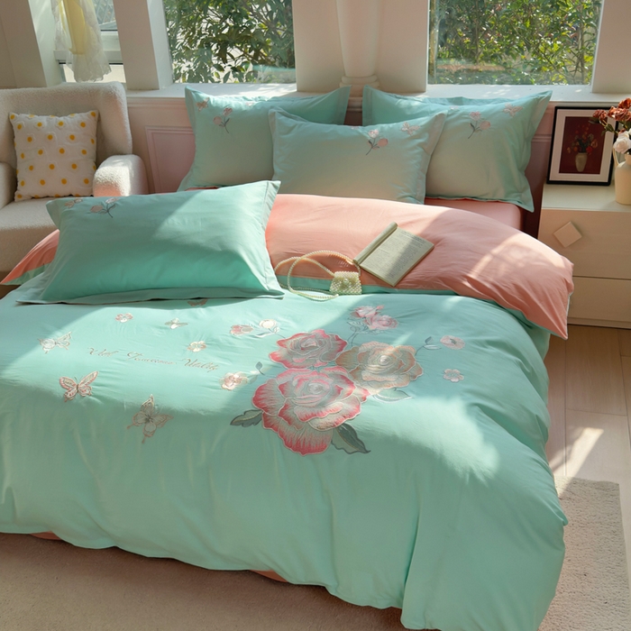 91家纺网 家纺一手货源 找家纺 铭博家纺 2026新款13372新款100%全棉刺绣工艺款四件套-蝶舞玫瑰系列 蝶舞玫瑰-碧玉