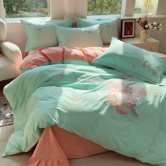 91家纺网 家纺一手货源 找家纺 铭博家纺 2026新款13372新款100%全棉刺绣工艺款四件套-蝶舞玫瑰系列 蝶舞玫瑰-碧玉