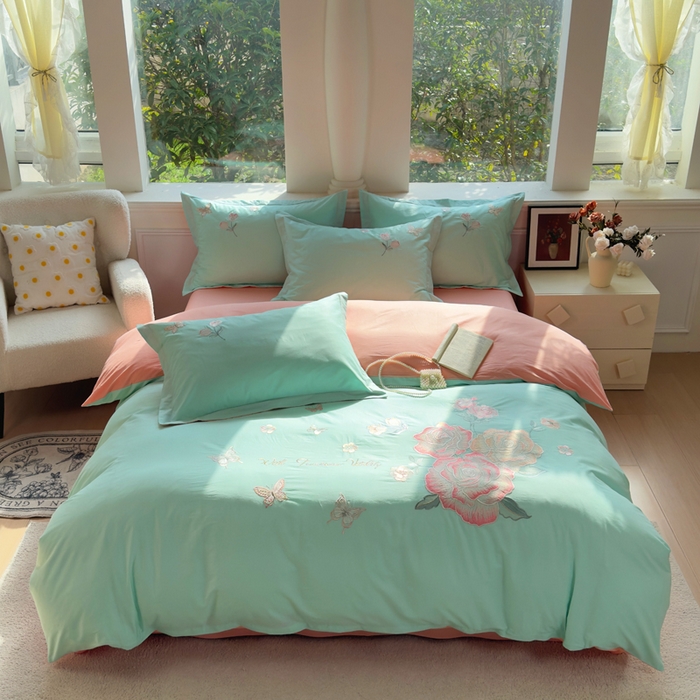 91家纺网 家纺一手货源 找家纺 铭博家纺 2026新款13372新款100%全棉刺绣工艺款四件套-蝶舞玫瑰系列 蝶舞玫瑰-碧玉