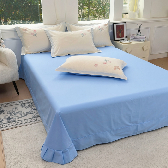 91家纺网 家纺一手货源 找家纺 铭博家纺 2026新款13372新款100%全棉刺绣工艺款四件套-蝶舞玫瑰系列 蝶舞玫瑰-米蓝