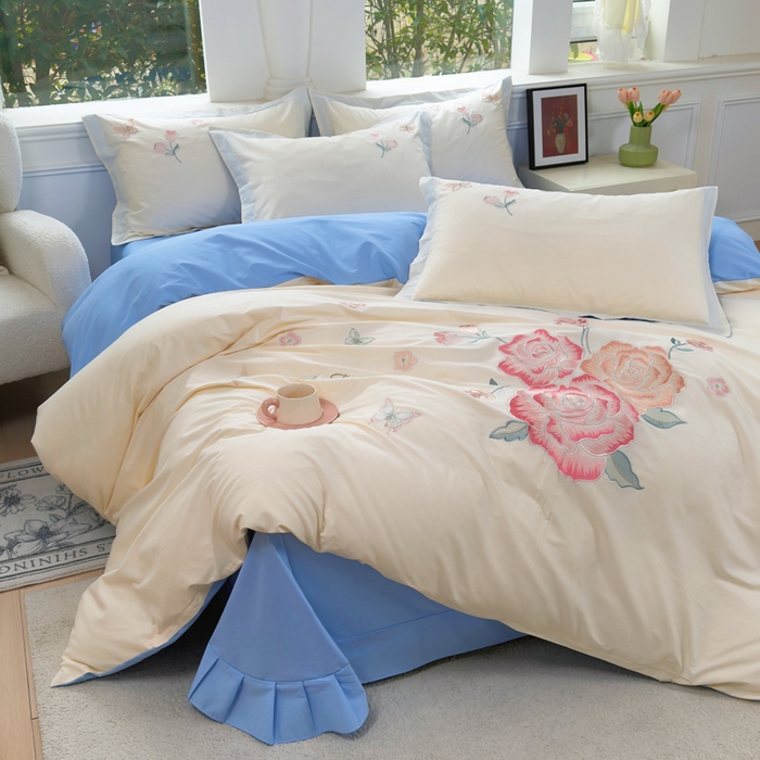 铭博家纺 2026新款13372新款100%全棉刺绣工艺款四件套-蝶舞玫瑰系列 蝶舞玫瑰-米蓝
