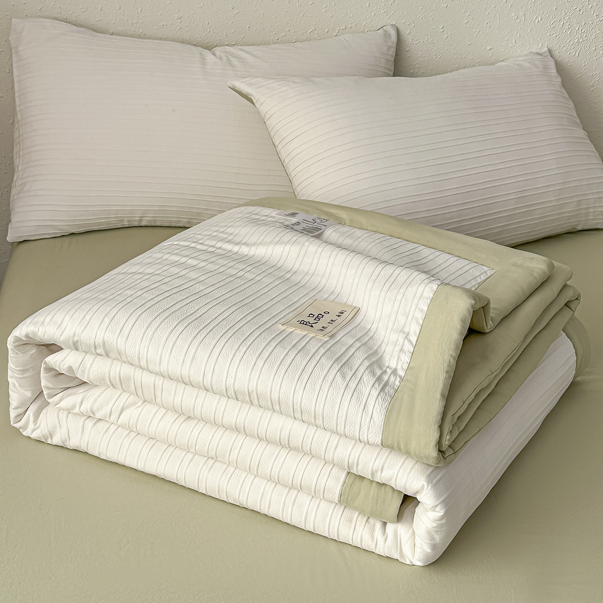 91家纺网 家纺一手货源 找家纺 尊妙被业 2026新款良品条白100%新疆棉花夏被 良品条白+绿