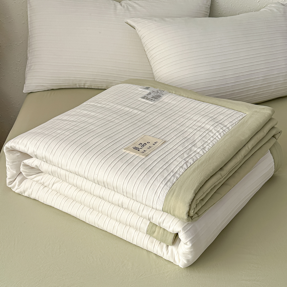 91家纺网 家纺一手货源 找家纺 尊妙被业 2026新款良品条白100%新疆棉花夏被 良品条白+绿