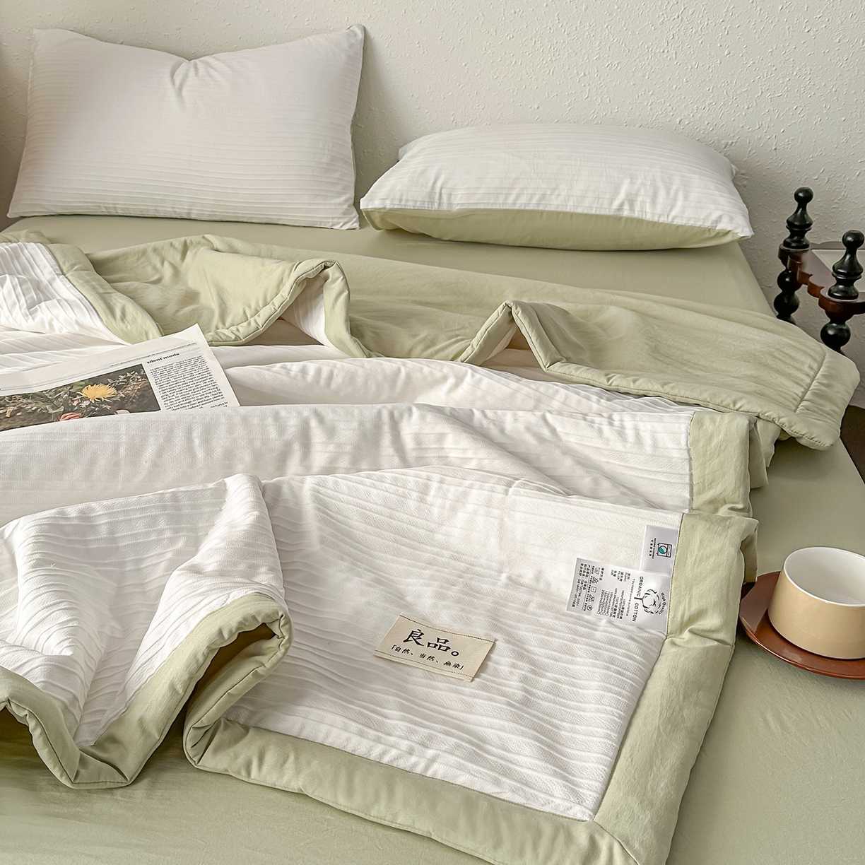 91家纺网 家纺一手货源 找家纺 尊妙被业 2026新款良品条白100%新疆棉花夏被 良品条白+绿