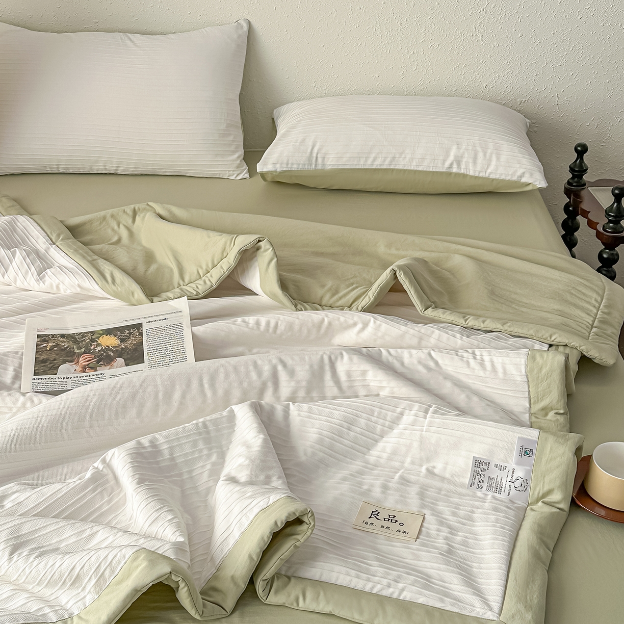 91家纺网 家纺一手货源 找家纺 尊妙被业 2026新款良品条白100%新疆棉花夏被 良品条白+绿
