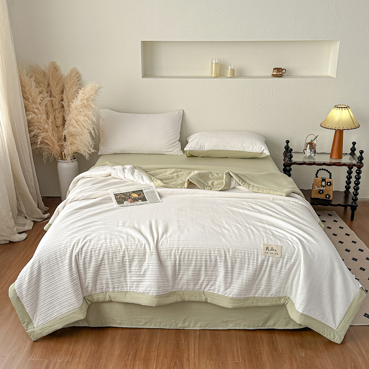 91家纺网 家纺一手货源 找家纺 尊妙被业 2026新款良品条白100%新疆棉花夏被 良品条白+绿