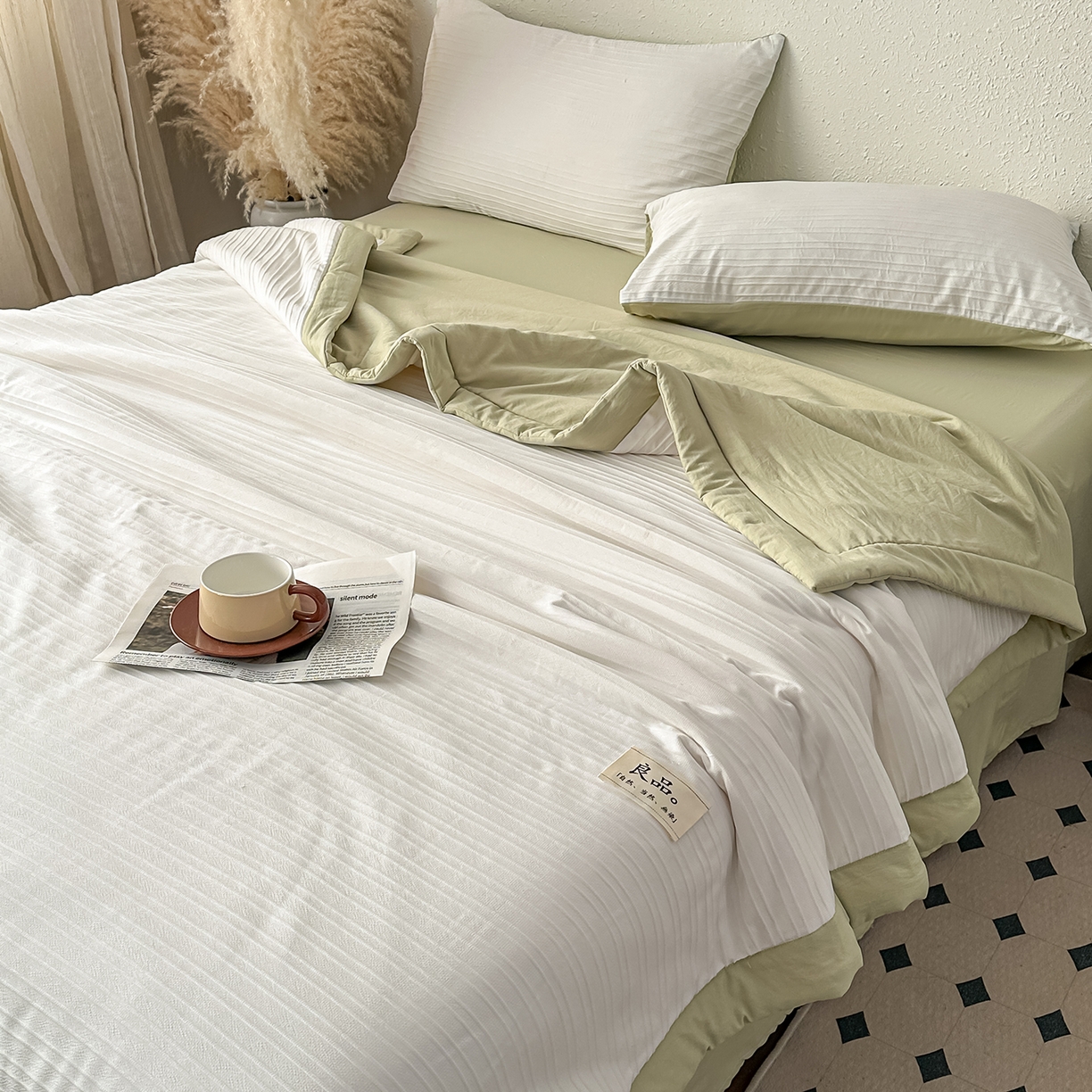 91家纺网 家纺一手货源 找家纺 尊妙被业 2026新款良品条白100%新疆棉花夏被 良品条白+绿