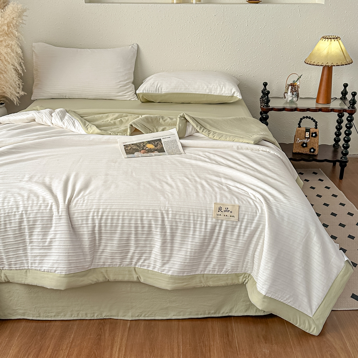 91家纺网 家纺一手货源 找家纺 尊妙被业 2026新款良品条白100%新疆棉花夏被 良品条白+绿