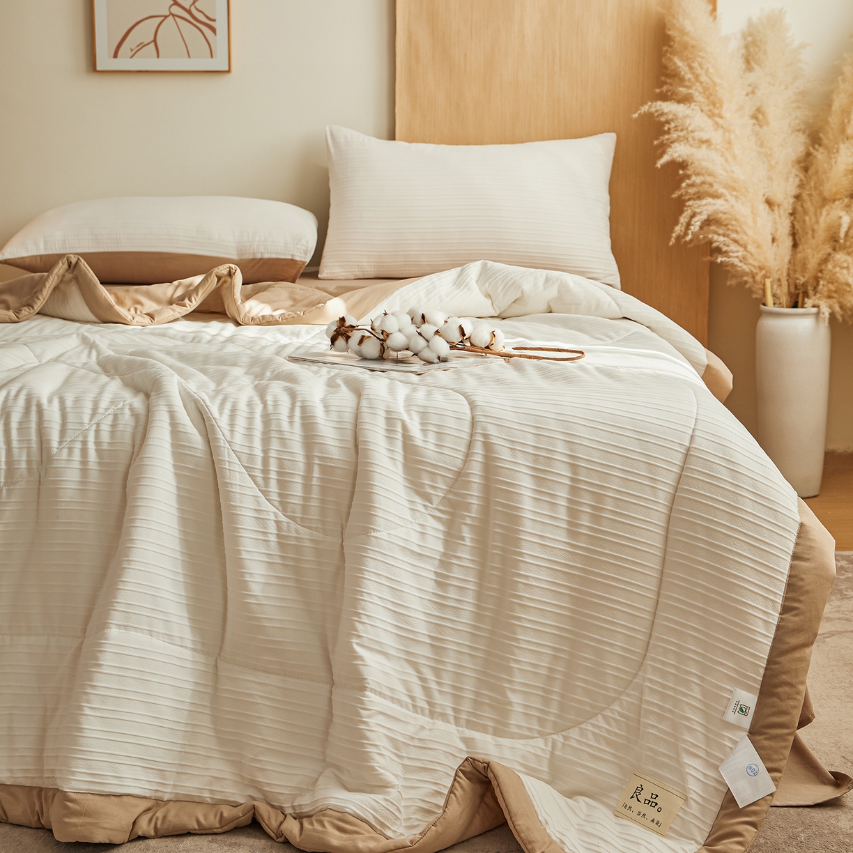 91家纺网 家纺一手货源 找家纺 尊妙被业 2026新款良品条白100%新疆棉花夏被 良品条白+咖