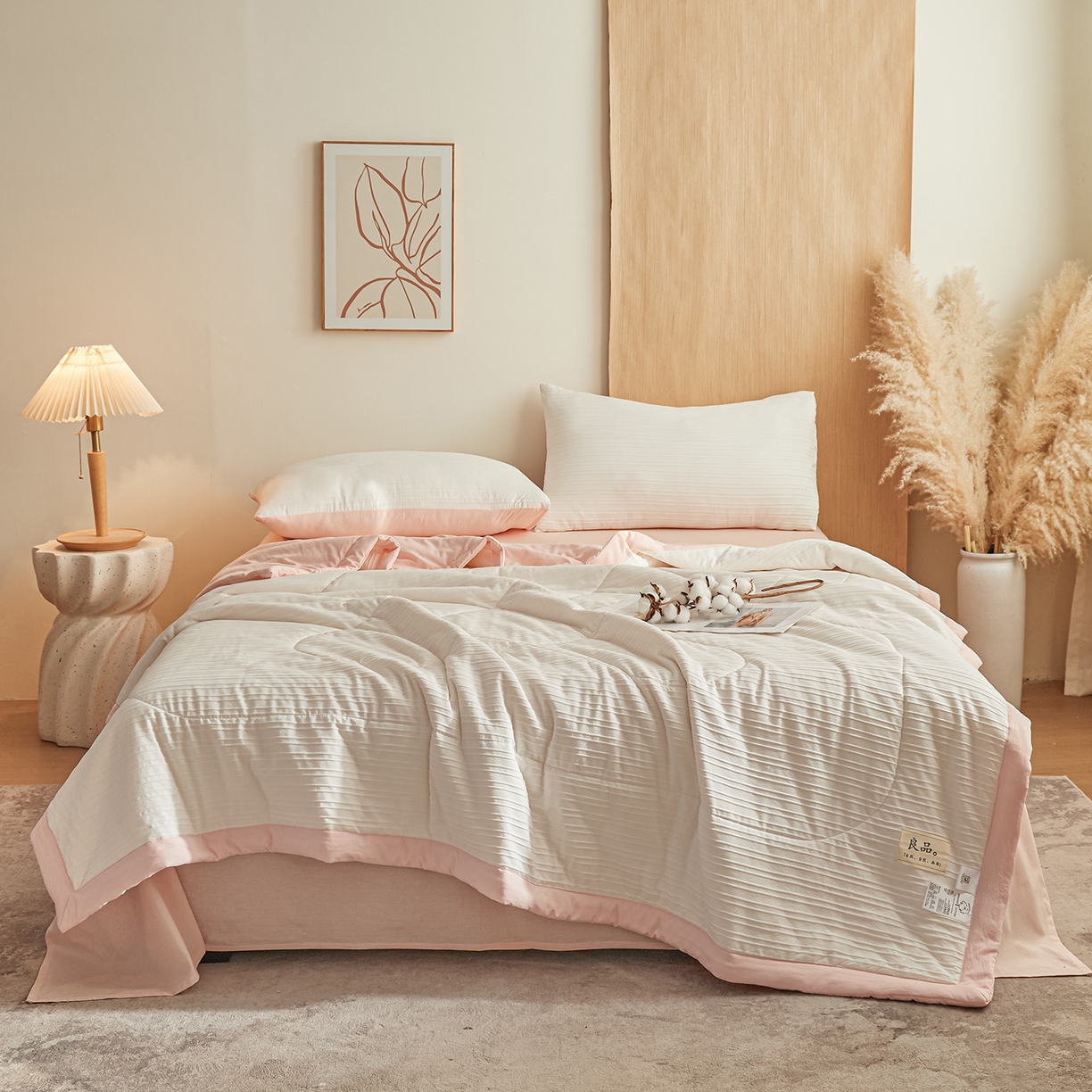 91家纺网 家纺一手货源 找家纺 尊妙被业 2026新款良品条白100%新疆棉花夏被 良品条白+粉