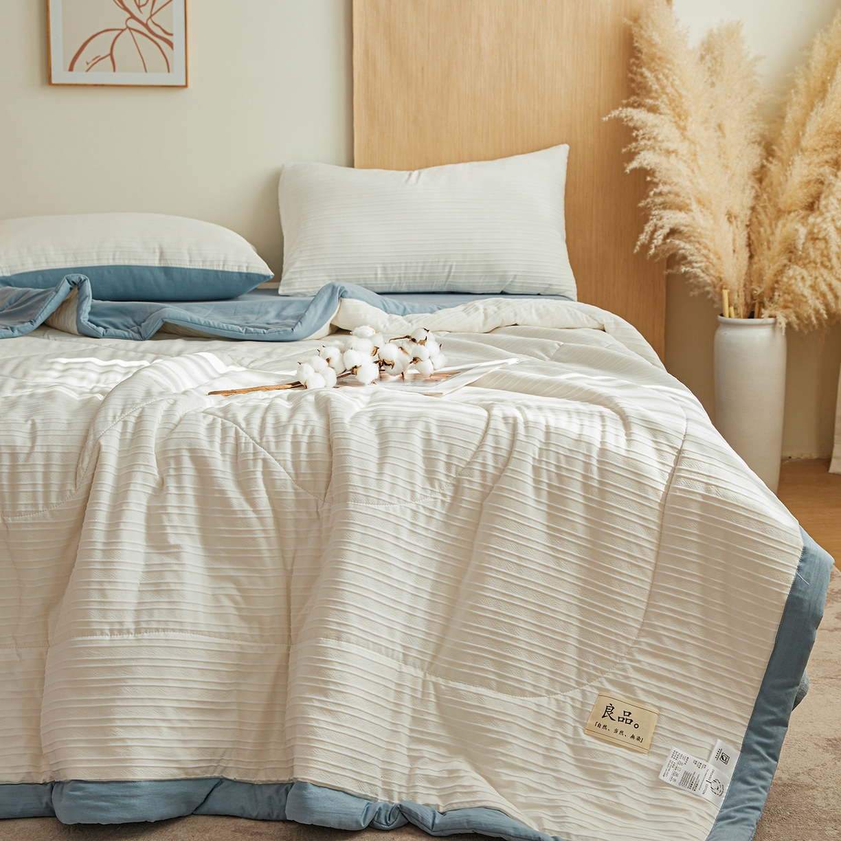 91家纺网 家纺一手货源 找家纺 尊妙被业 2026新款良品条白100%新疆棉花夏被 良品条白+蓝