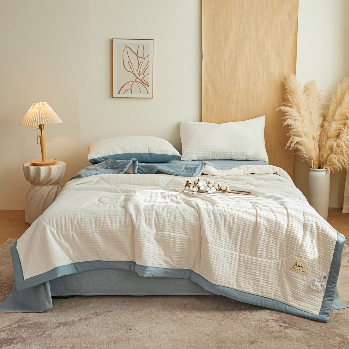 91家纺网 家纺一手货源 找家纺 尊妙被业 2026新款良品条白100%新疆棉花夏被 良品条白+蓝