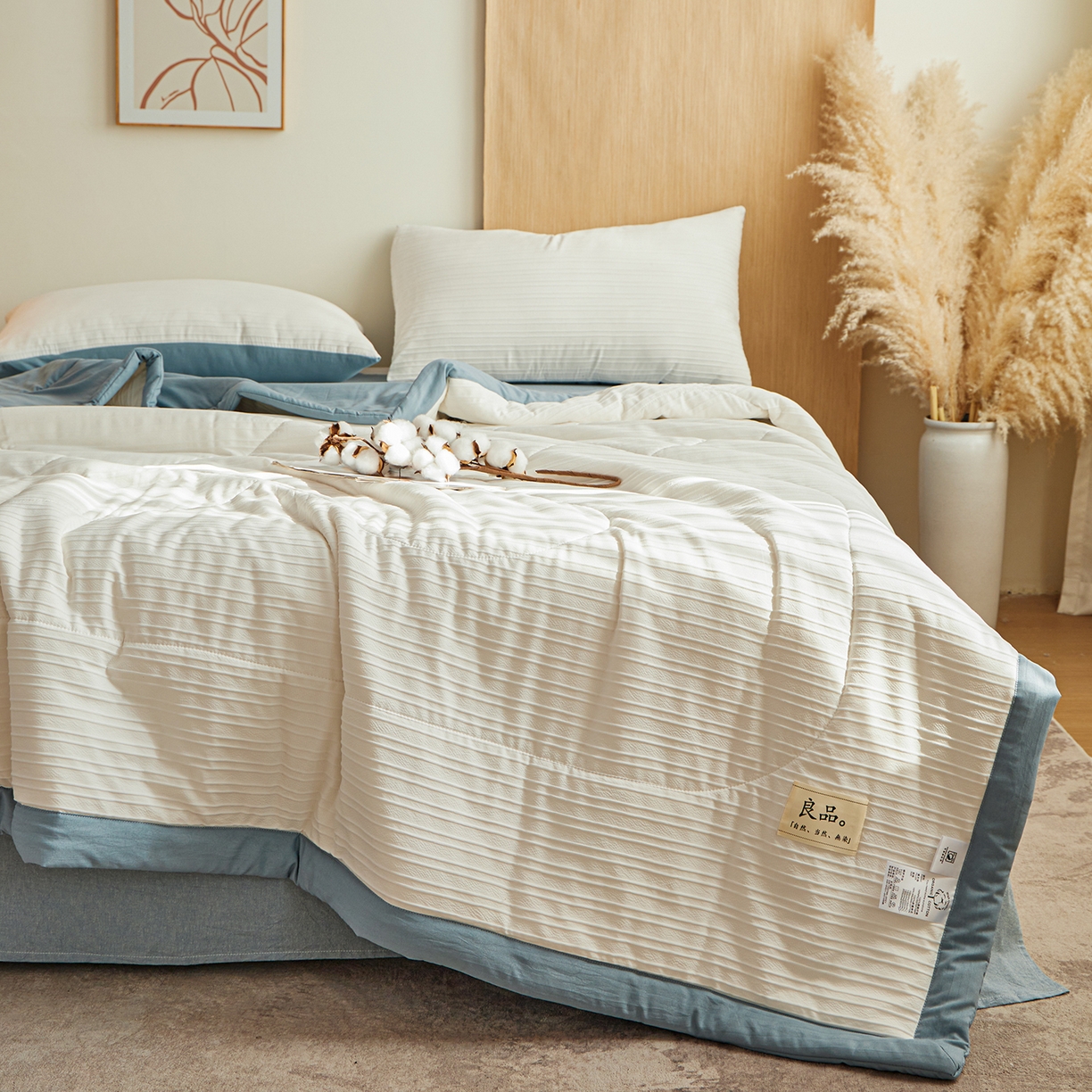 91家纺网 家纺一手货源 找家纺 尊妙被业 2026新款良品条白100%新疆棉花夏被 良品条白+蓝
