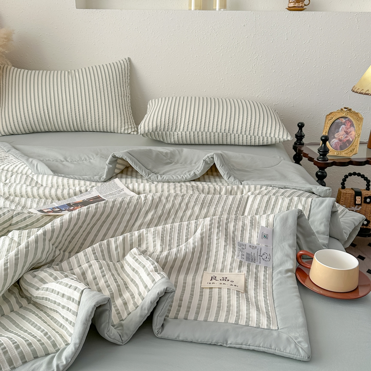 91家纺网 家纺一手货源 找家纺 尊妙被业 2026新款彩条色织棉花被被子被芯 良品色织 彩条绿