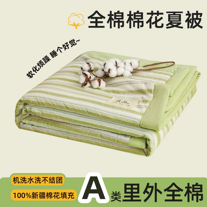 尊妙被业 2026全棉色织水洗全棉棉花夏被 被子被芯 夏被四件套（竖条款） 左岸-绿