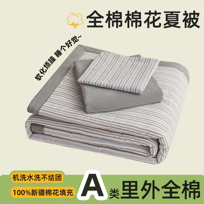 91家纺网 家纺一手货源 找家纺 尊妙被业 2026全棉色织水洗全棉棉花夏被 被子被芯 夏被四件套（竖条款） BG蓝风