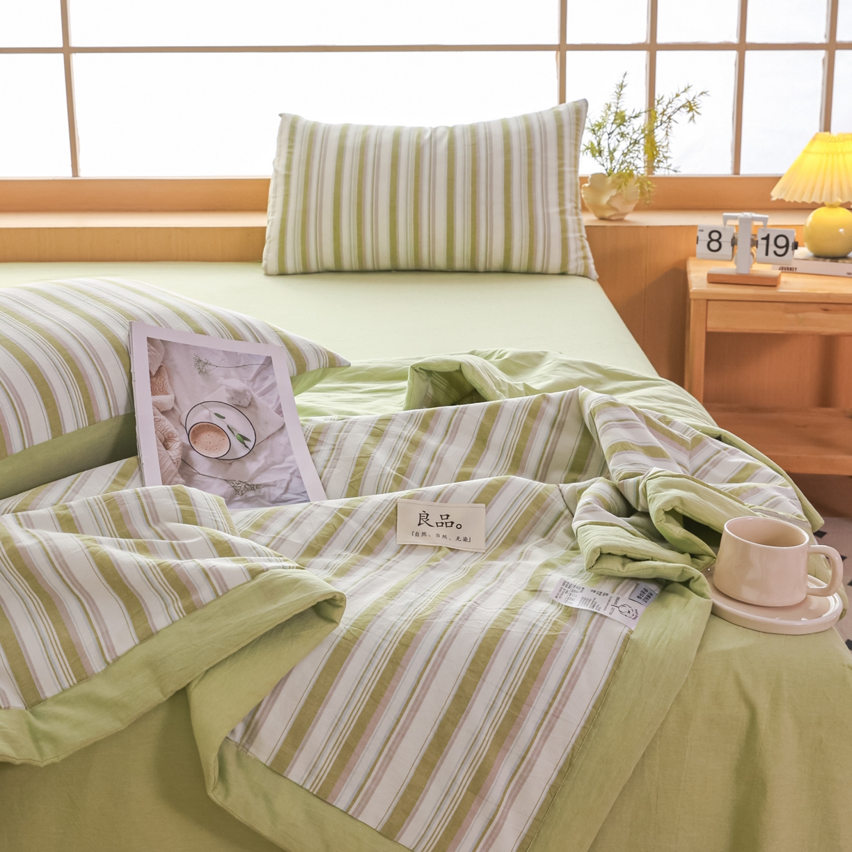 91家纺网 家纺一手货源 找家纺 尊妙被业 2026全棉色织水洗全棉棉花夏被 被子被芯 夏被四件套（竖条款） 左岸-绿