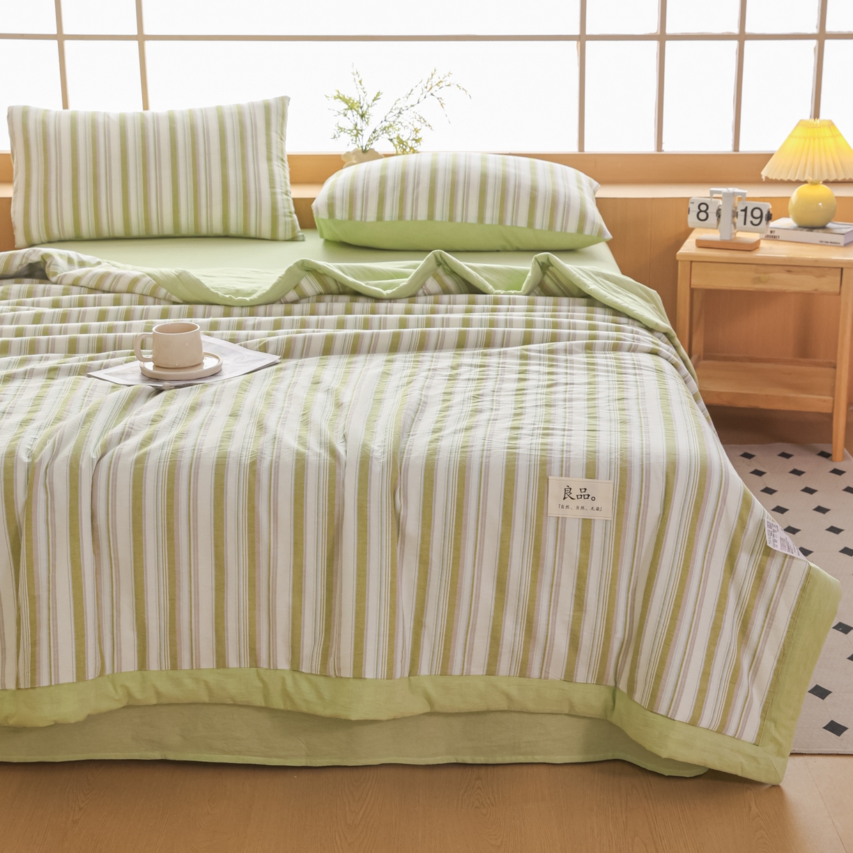 91家纺网 家纺一手货源 找家纺 尊妙被业 2026全棉色织水洗全棉棉花夏被 被子被芯 夏被四件套（竖条款） 左岸-绿