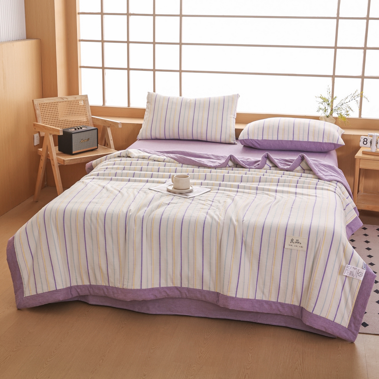 91家纺网 家纺一手货源 找家纺 尊妙被业 2026全棉色织水洗全棉棉花夏被 被子被芯 夏被四件套（竖条款） 且乐-紫