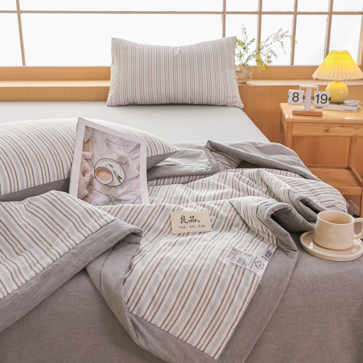 91家纺网 家纺一手货源 找家纺 尊妙被业 2026全棉色织水洗全棉棉花夏被 被子被芯 夏被四件套（竖条款） BG蓝风