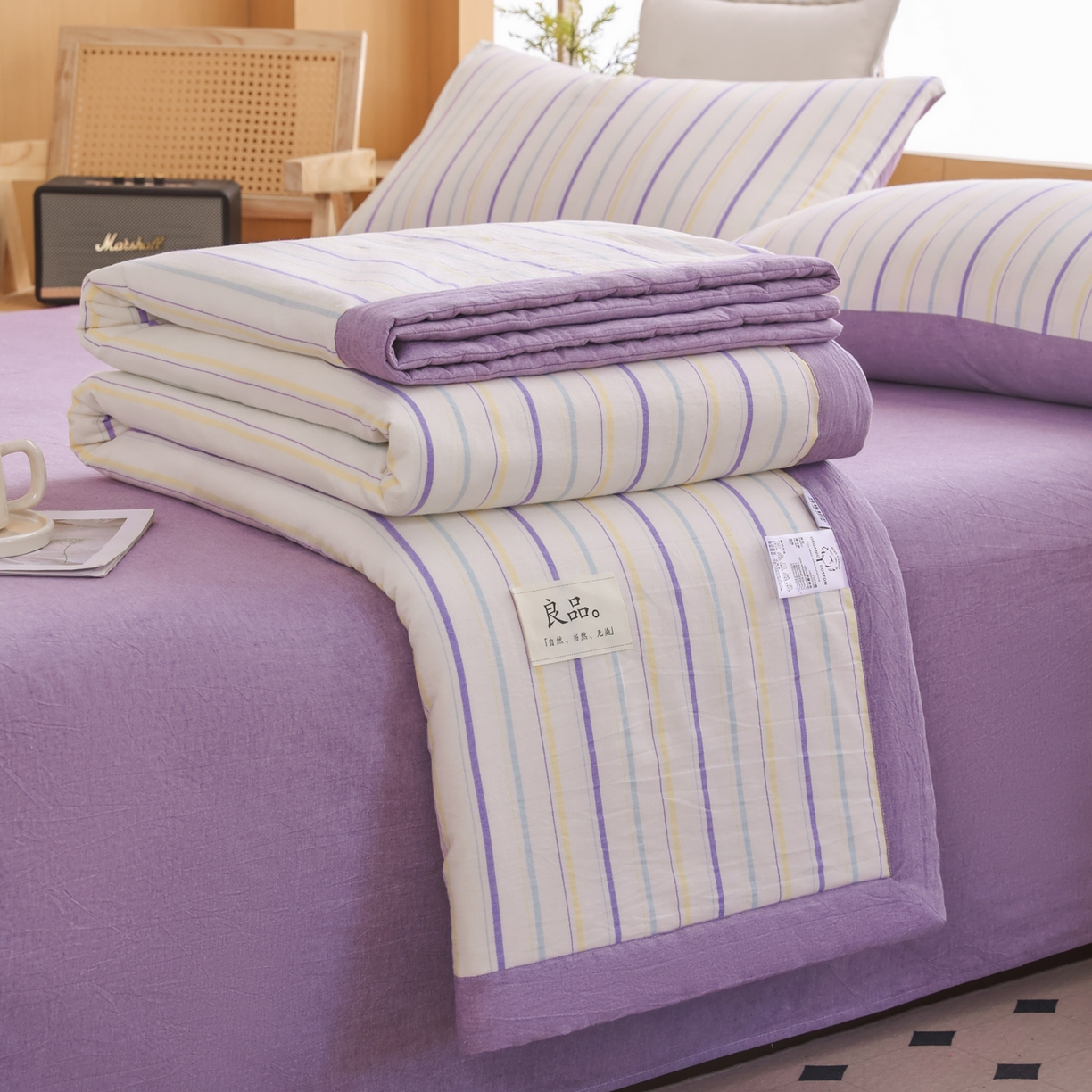 91家纺网 家纺一手货源 找家纺 尊妙被业 2026全棉色织水洗全棉棉花夏被 被子被芯 夏被四件套（竖条款） 且乐-紫
