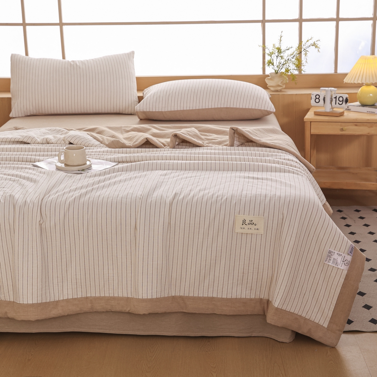 91家纺网 家纺一手货源 找家纺 尊妙被业 2026全棉色织水洗全棉棉花夏被 被子被芯 夏被四件套（竖条款） BG咖细条