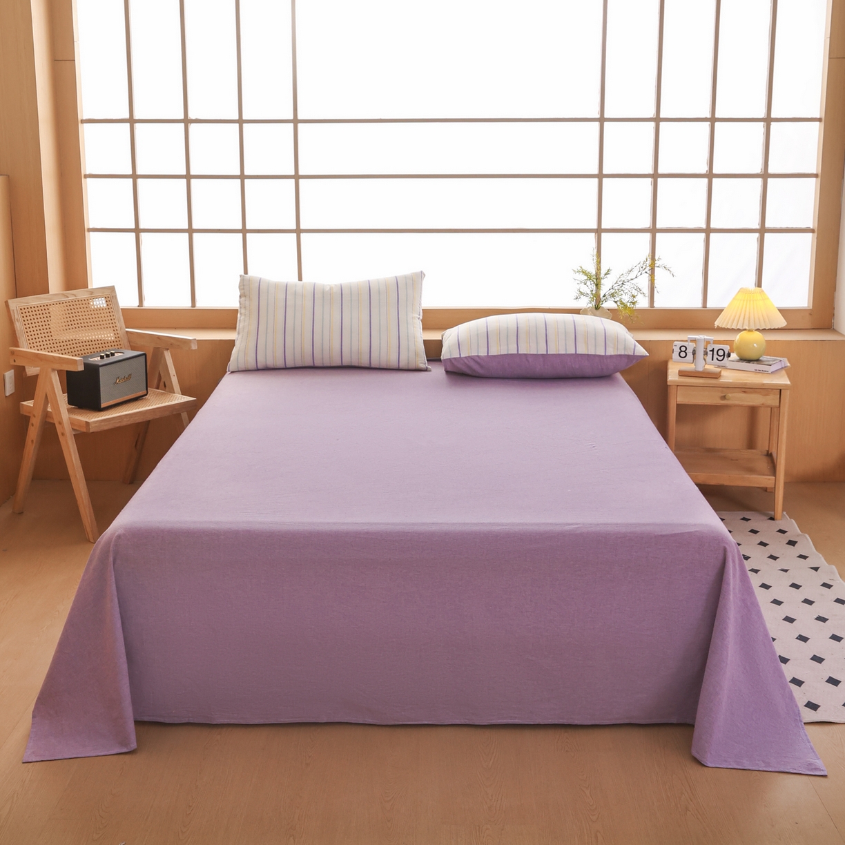 91家纺网 家纺一手货源 找家纺 尊妙被业 2026全棉色织水洗全棉棉花夏被 被子被芯 夏被四件套（竖条款） 且乐-紫