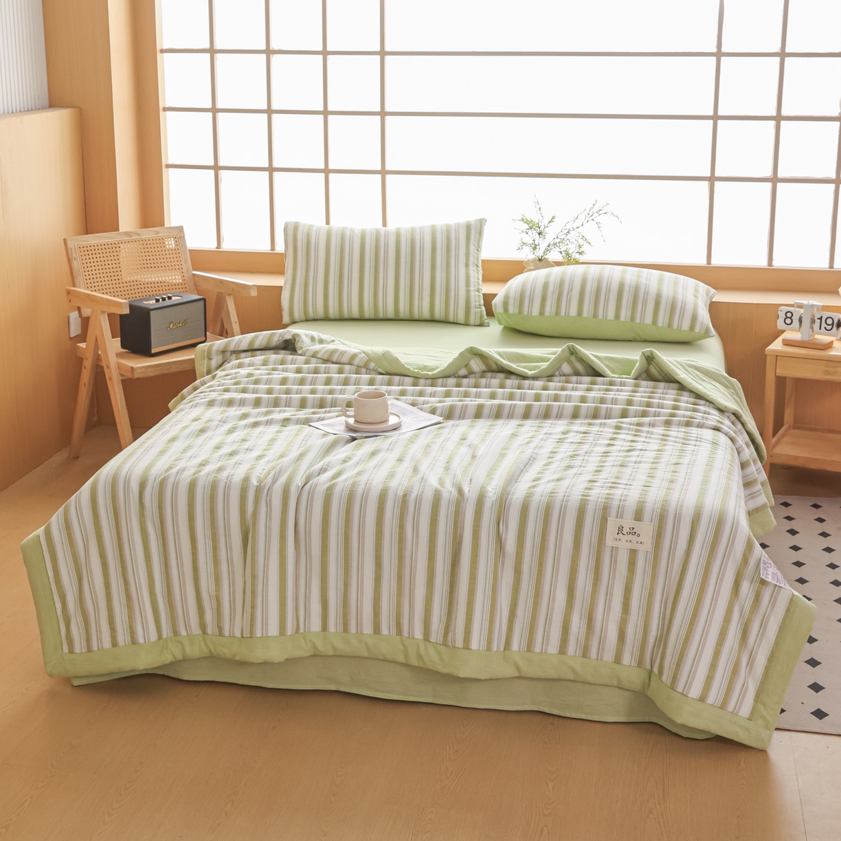 91家纺网 家纺一手货源 找家纺 尊妙被业 2026全棉色织水洗全棉棉花夏被 被子被芯 夏被四件套（竖条款） 左岸-绿