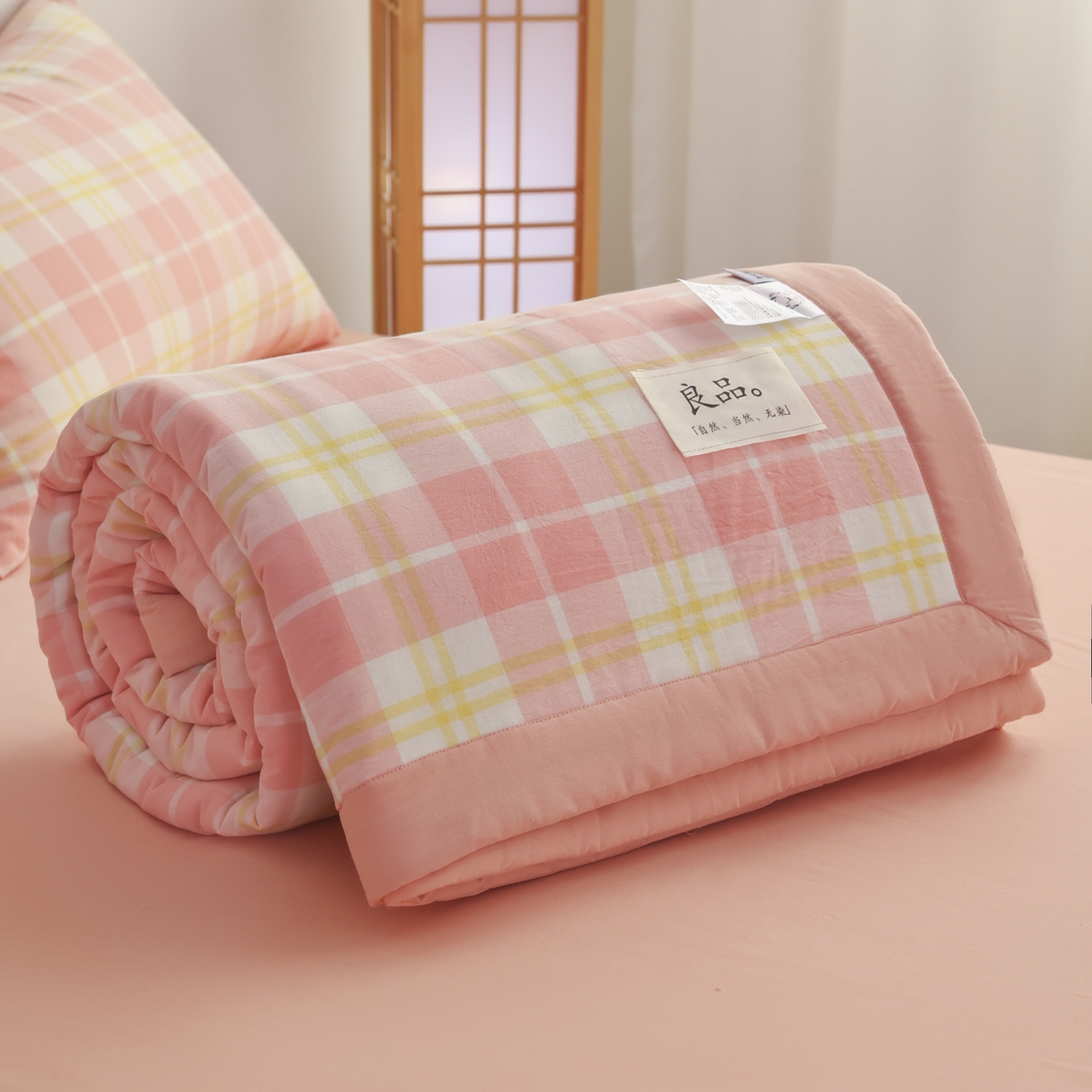 91家纺网 家纺一手货源 找家纺 尊妙被业 2026全棉色织水洗全棉棉花夏被 被子被芯 夏被四件套（格子款） 爱格