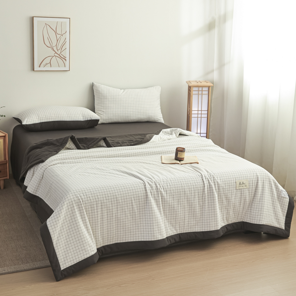 91家纺网 家纺一手货源 找家纺 尊妙被业 2026全棉色织水洗全棉棉花夏被 被子被芯 夏被四件套（格子款） 潮格白