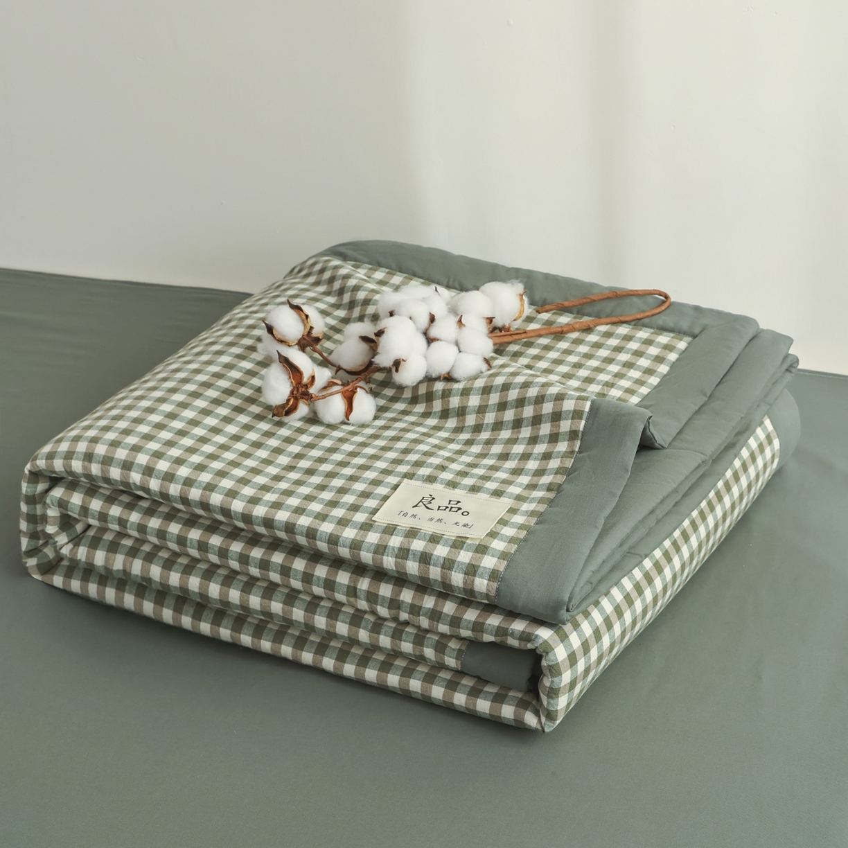 91家纺网 家纺一手货源 找家纺 尊妙被业 2026全棉色织水洗全棉棉花夏被 被子被芯 夏被四件套（格子款） 绿小格