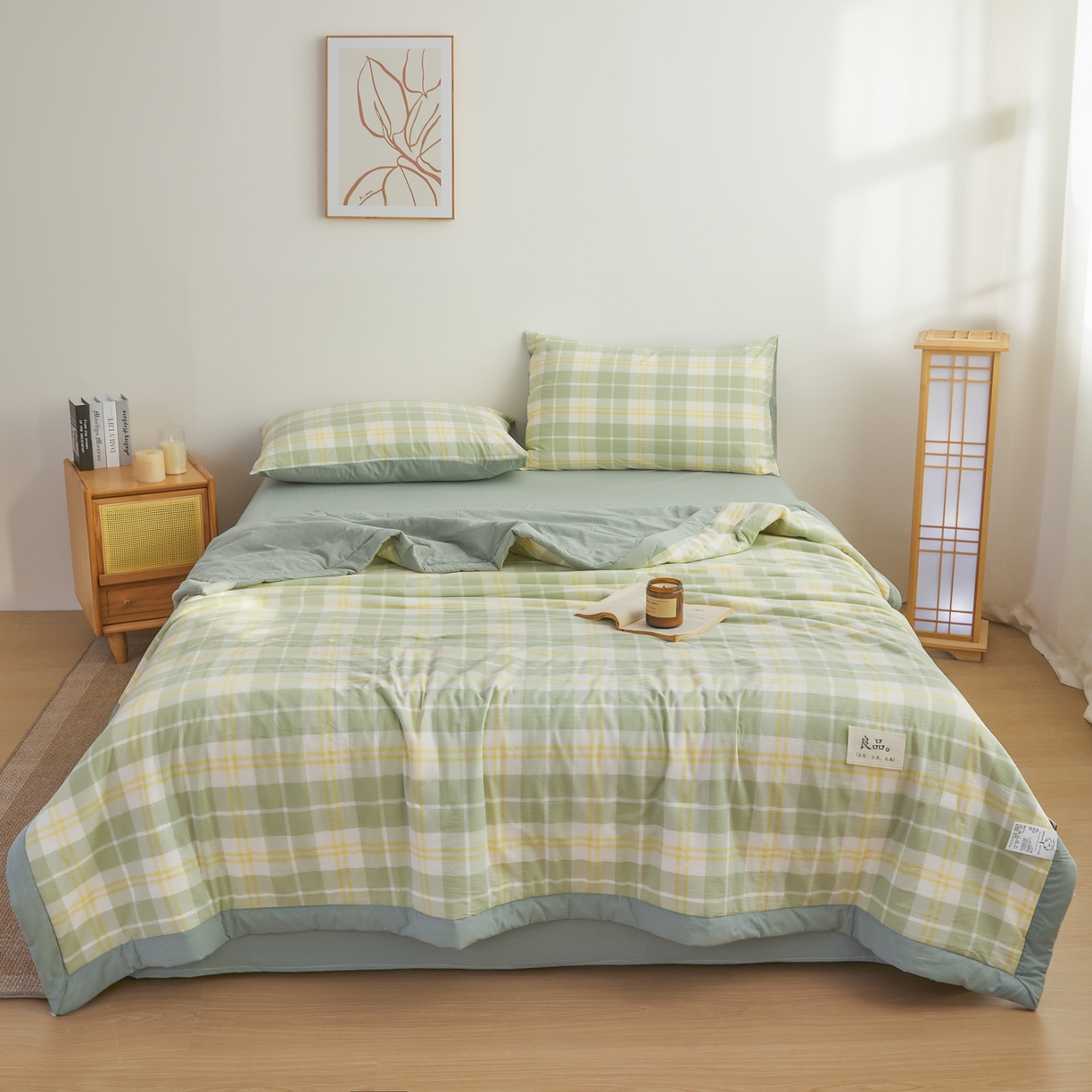 91家纺网 家纺一手货源 找家纺 尊妙被业 2026全棉色织水洗全棉棉花夏被 被子被芯 夏被四件套（格子款） 爱格绿
