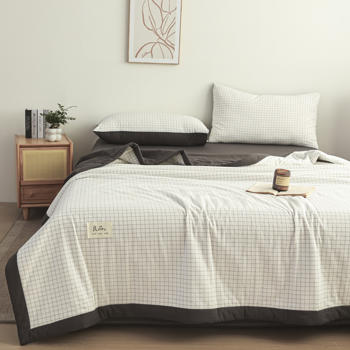 91家纺网 家纺一手货源 找家纺 尊妙被业 2026全棉色织水洗全棉棉花夏被 被子被芯 夏被四件套（格子款） 潮格白