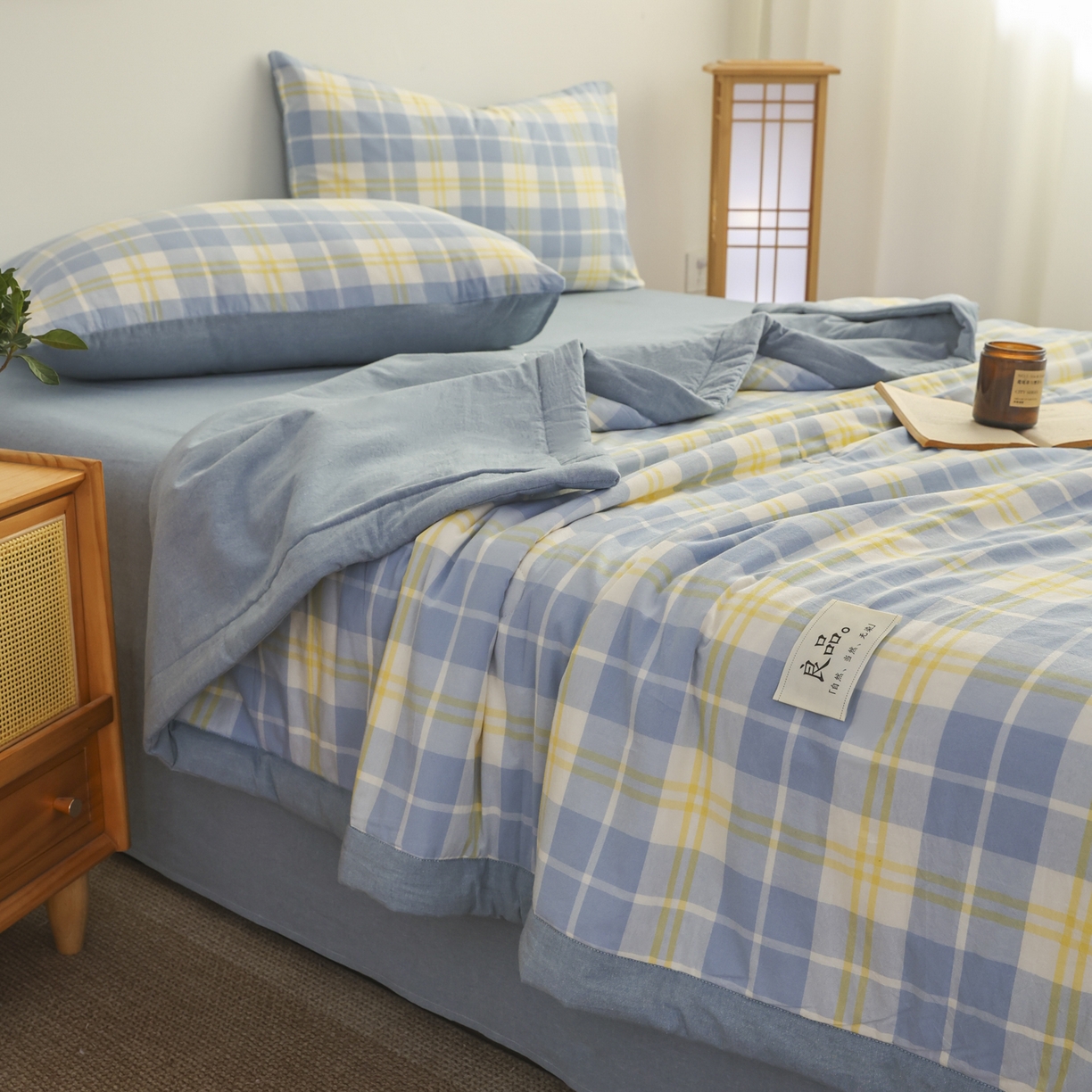 91家纺网 家纺一手货源 找家纺 尊妙被业 2026全棉色织水洗全棉棉花夏被 被子被芯 夏被四件套（格子款） 爱格兰