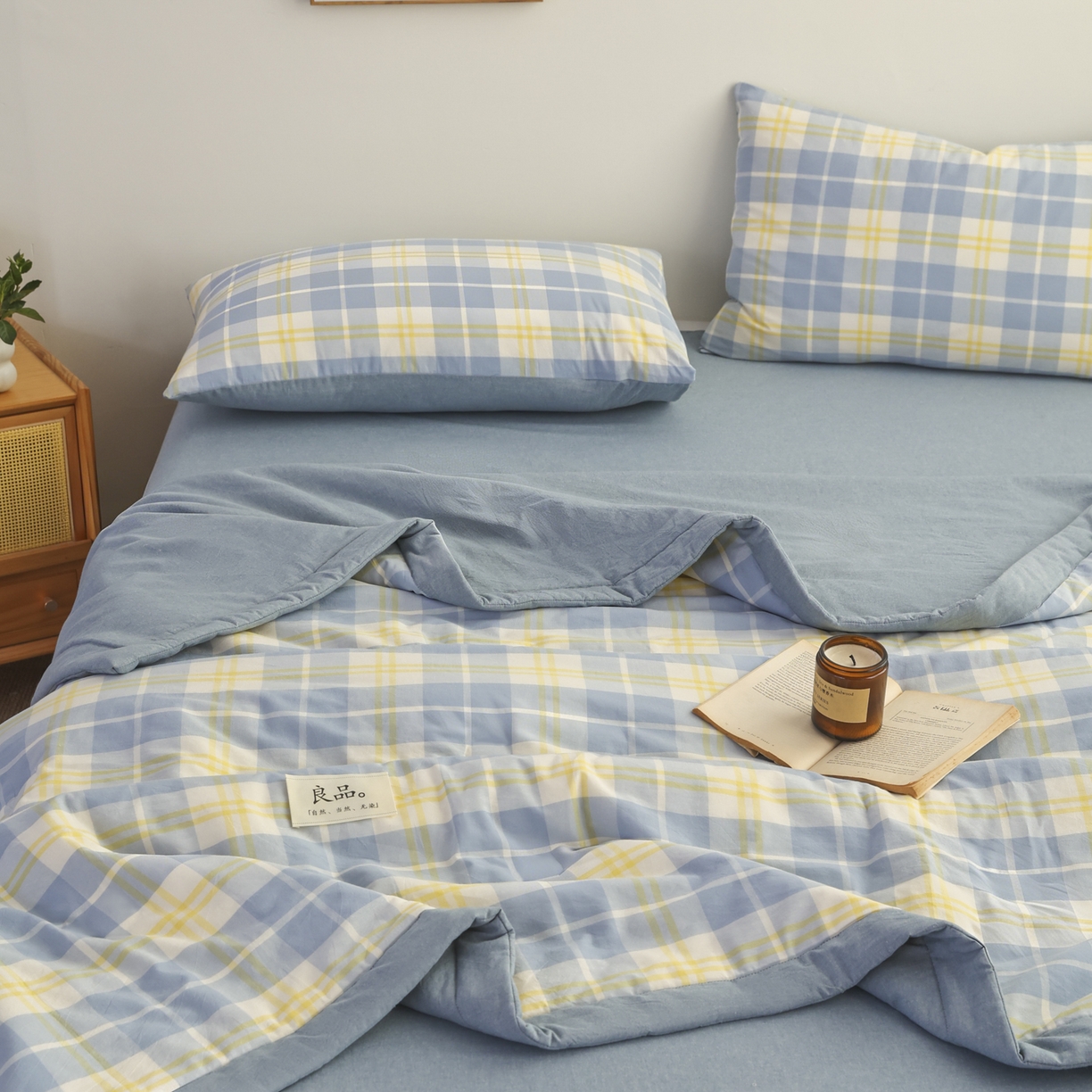 91家纺网 家纺一手货源 找家纺 尊妙被业 2026全棉色织水洗全棉棉花夏被 被子被芯 夏被四件套（格子款） 爱格兰