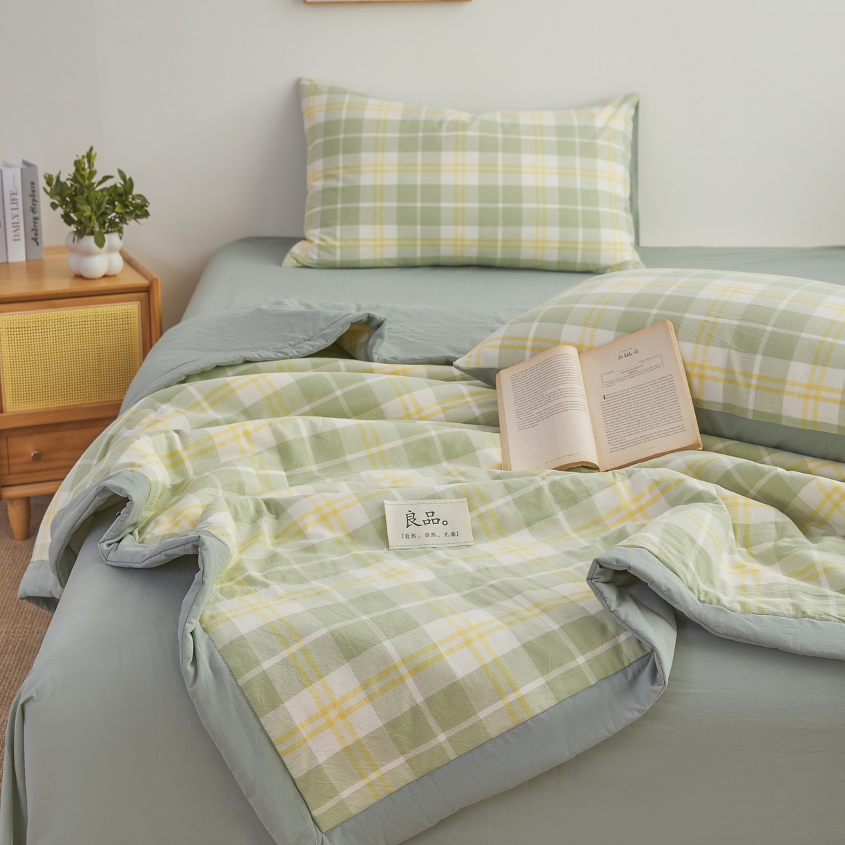 91家纺网 家纺一手货源 找家纺 尊妙被业 2026全棉色织水洗全棉棉花夏被 被子被芯 夏被四件套（格子款） 爱格绿