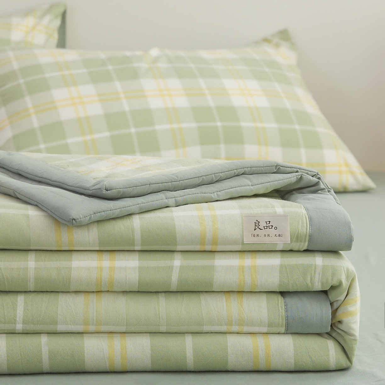 91家纺网 家纺一手货源 找家纺 尊妙被业 2026全棉色织水洗全棉棉花夏被 被子被芯 夏被四件套（格子款） 爱格绿