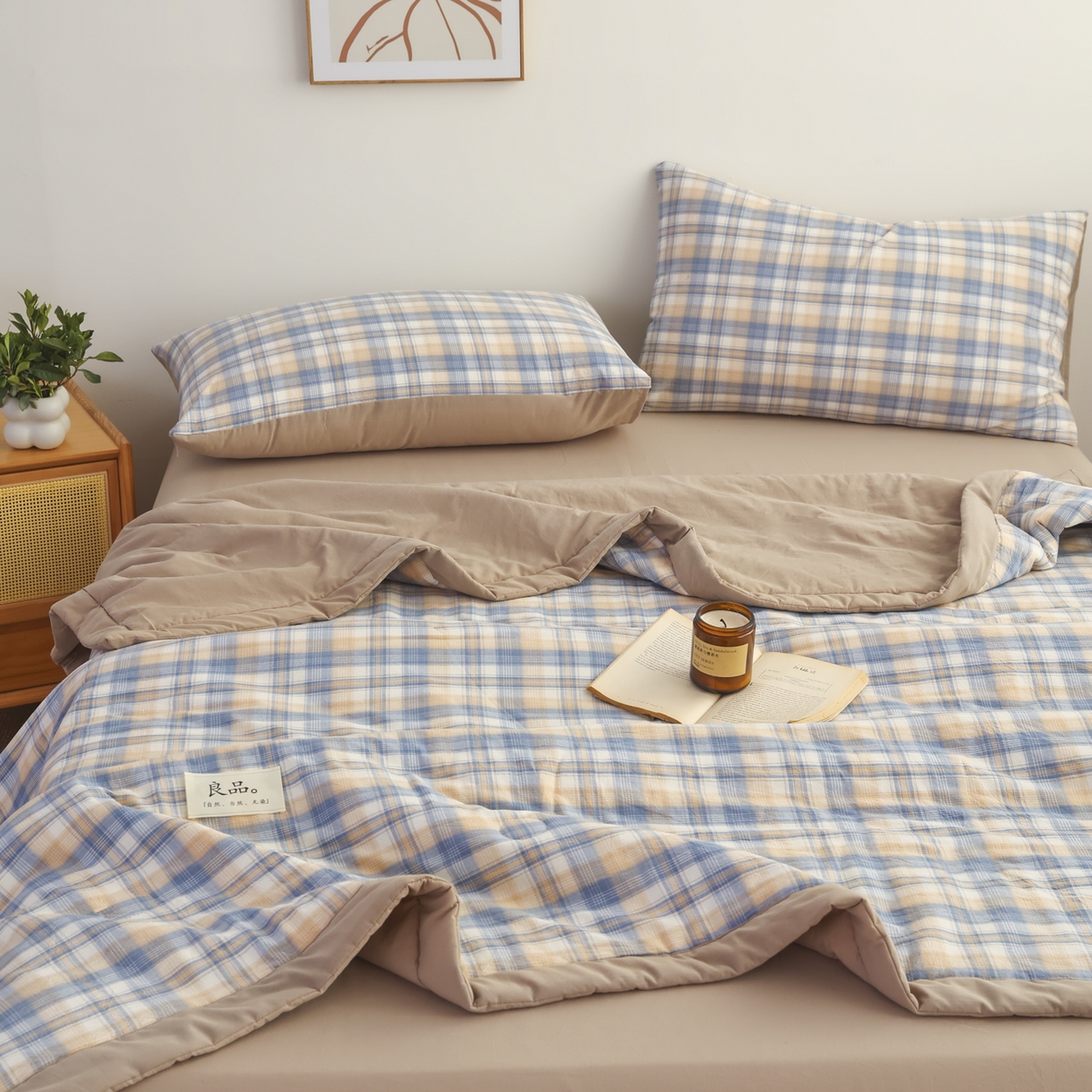 91家纺网 家纺一手货源 找家纺 尊妙被业 2026全棉色织水洗全棉棉花夏被 被子被芯 夏被四件套（格子款） 贝拉咖