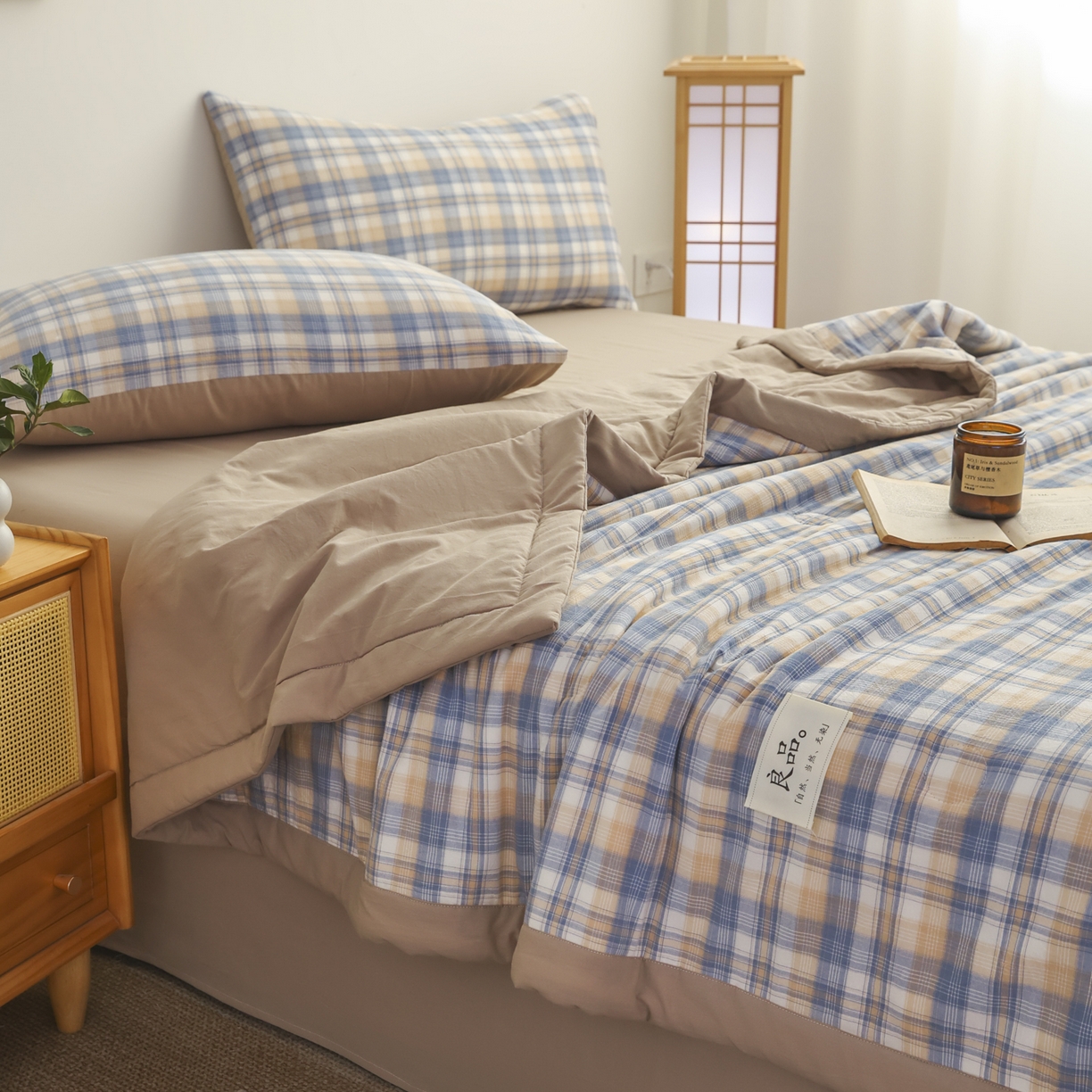 91家纺网 家纺一手货源 找家纺 尊妙被业 2026全棉色织水洗全棉棉花夏被 被子被芯 夏被四件套（格子款） 贝拉咖