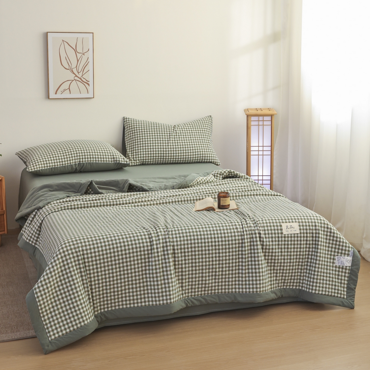 91家纺网 家纺一手货源 找家纺 尊妙被业 2026全棉色织水洗全棉棉花夏被 被子被芯 夏被四件套（格子款） 绿小格