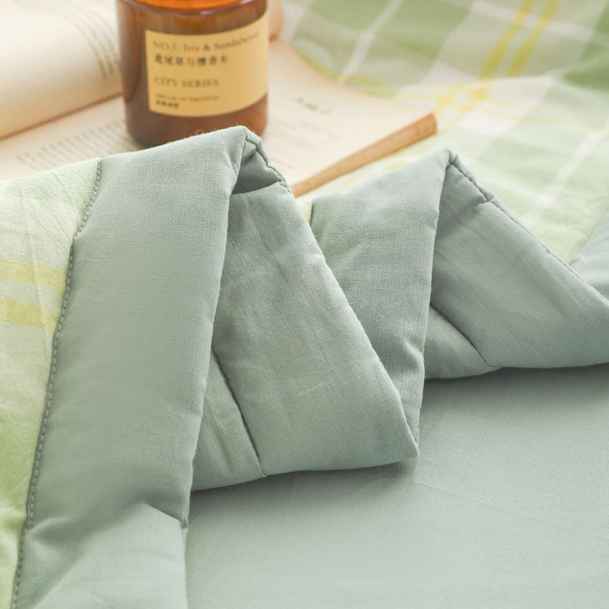 91家纺网 家纺一手货源 找家纺 尊妙被业 2026全棉色织水洗全棉棉花夏被 被子被芯 夏被四件套（格子款） 爱格绿