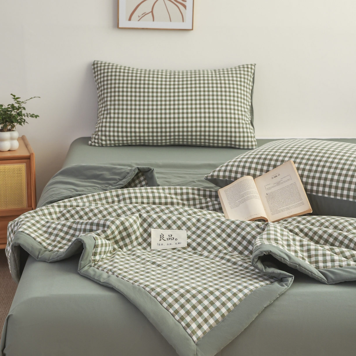 91家纺网 家纺一手货源 找家纺 尊妙被业 2026全棉色织水洗全棉棉花夏被 被子被芯 夏被四件套（格子款） 绿小格