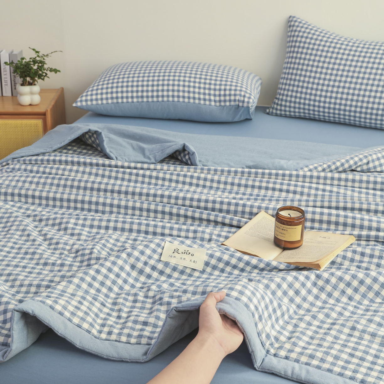 91家纺网 家纺一手货源 找家纺 尊妙被业 2026全棉色织水洗全棉棉花夏被 被子被芯 夏被四件套（格子款） 蓝小格
