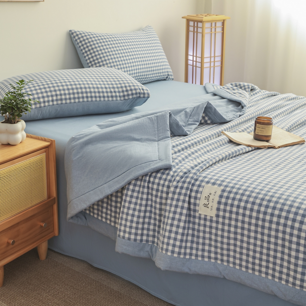 91家纺网 家纺一手货源 找家纺 尊妙被业 2026全棉色织水洗全棉棉花夏被 被子被芯 夏被四件套（格子款） 蓝小格