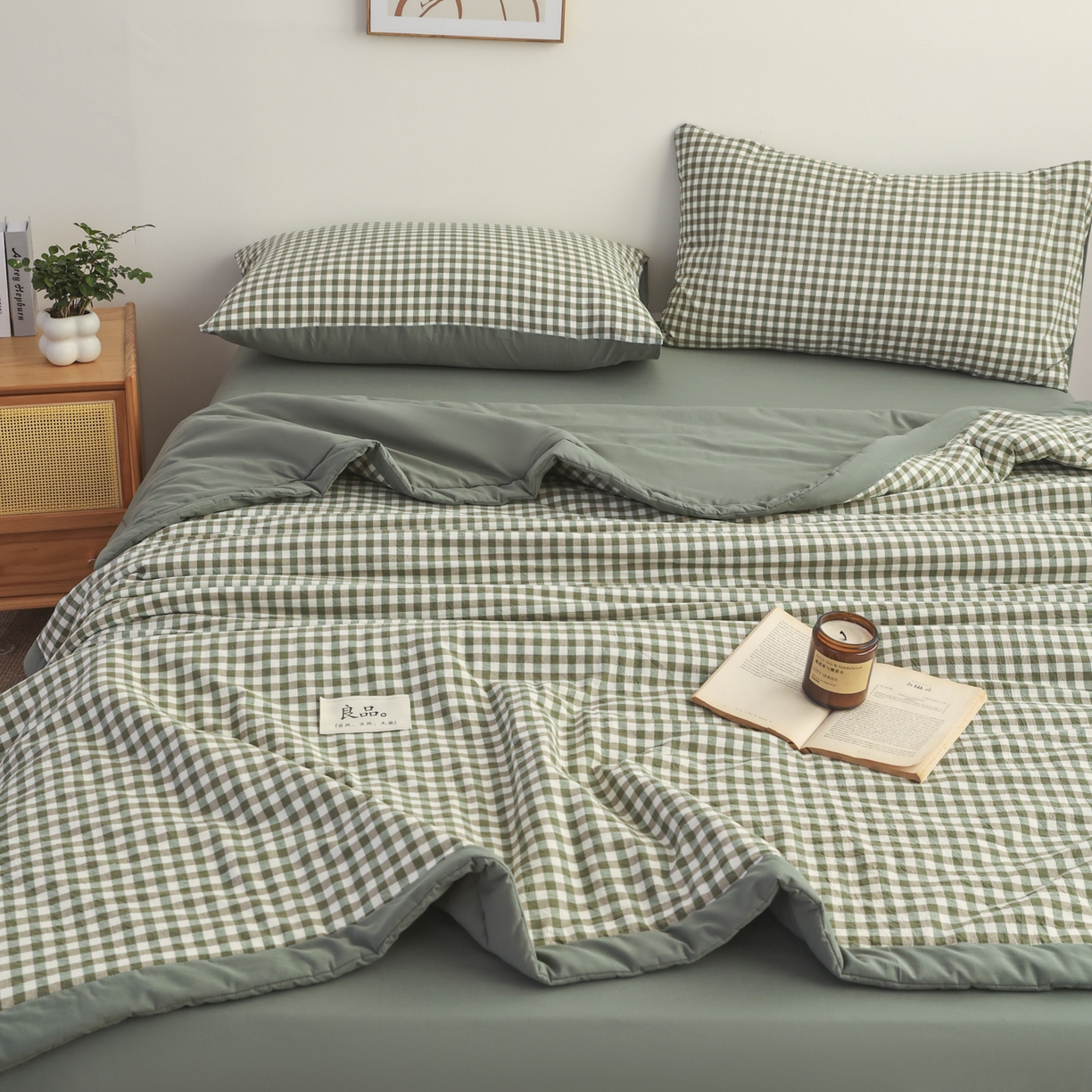91家纺网 家纺一手货源 找家纺 尊妙被业 2026全棉色织水洗全棉棉花夏被 被子被芯 夏被四件套（格子款） 绿小格