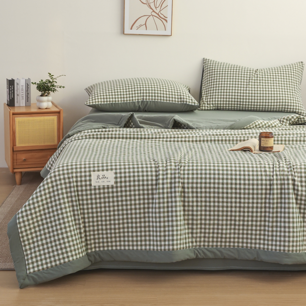 91家纺网 家纺一手货源 找家纺 尊妙被业 2026全棉色织水洗全棉棉花夏被 被子被芯 夏被四件套（格子款） 绿小格
